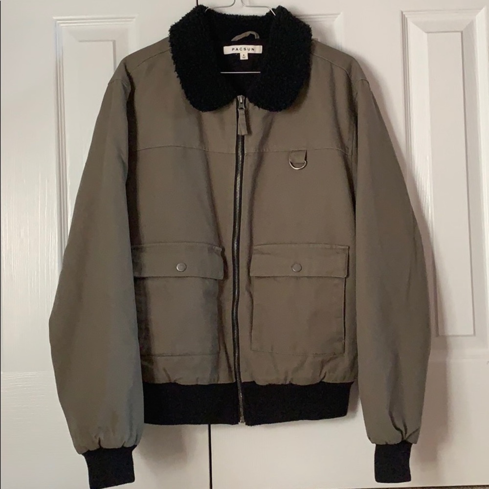 PACSUN Olive Sherpa Collar Bomber Jacket
